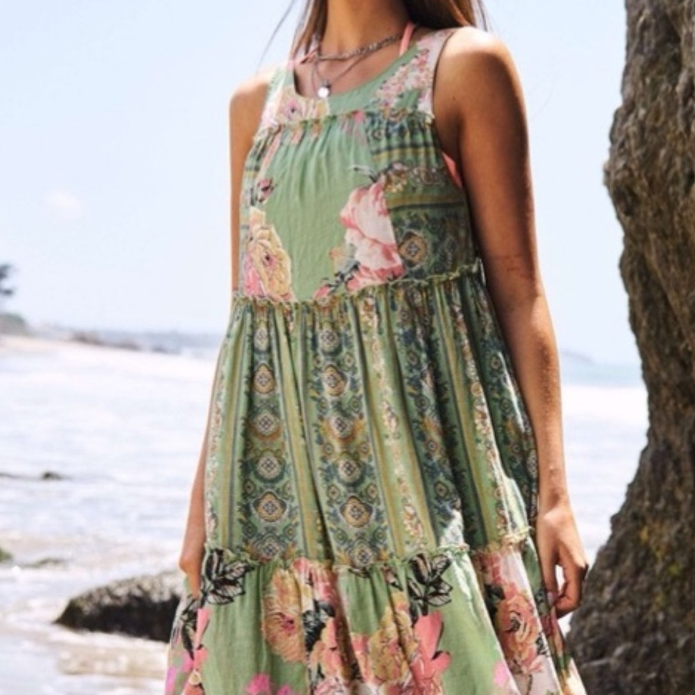 42. LAST 1! Green lined flower Bohemian FLORAL MAXI Long flowy sleeveless Dress - Picture 3 of 6